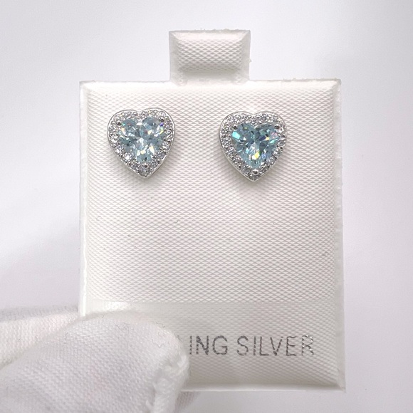 .925 Sterling Silver Aquamarine Cz & Clear Cz Heart Earrings - Picture 4 of 16